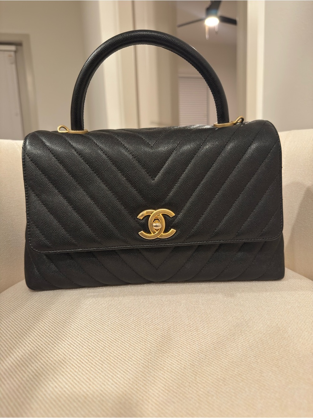 CHANEL Coco Handle Flap Black Quilted Top-Handle Satchel with Gold CC